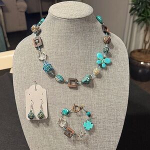 Turquoise, Wood, and Copper Beaded Jewelry Set
